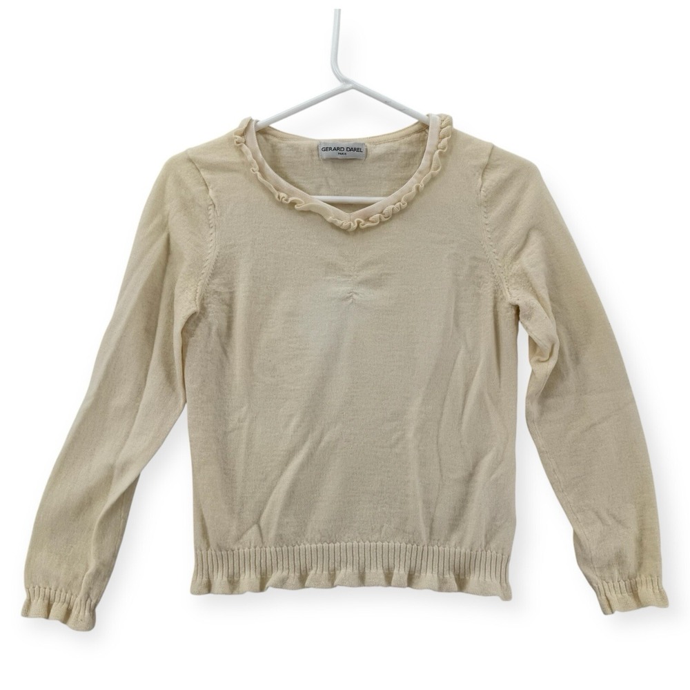 Gerard Darel Sweater Womens Large Yellow Beige Wool Blend Ruffle Neck Pullover